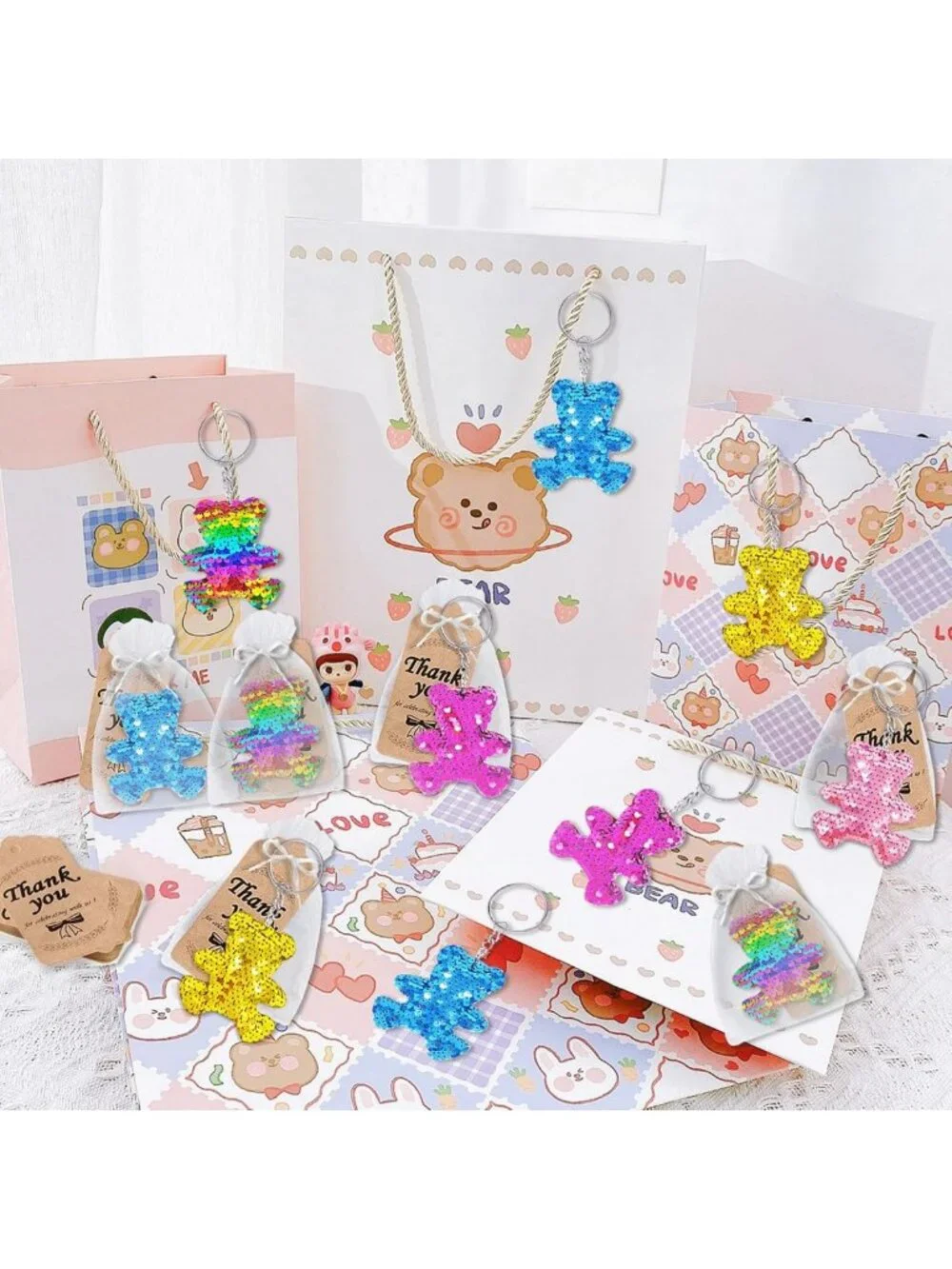 25 Pack Bear Sequin Keychains | Jungle Party Favors, Animal Lover Gifts, 5